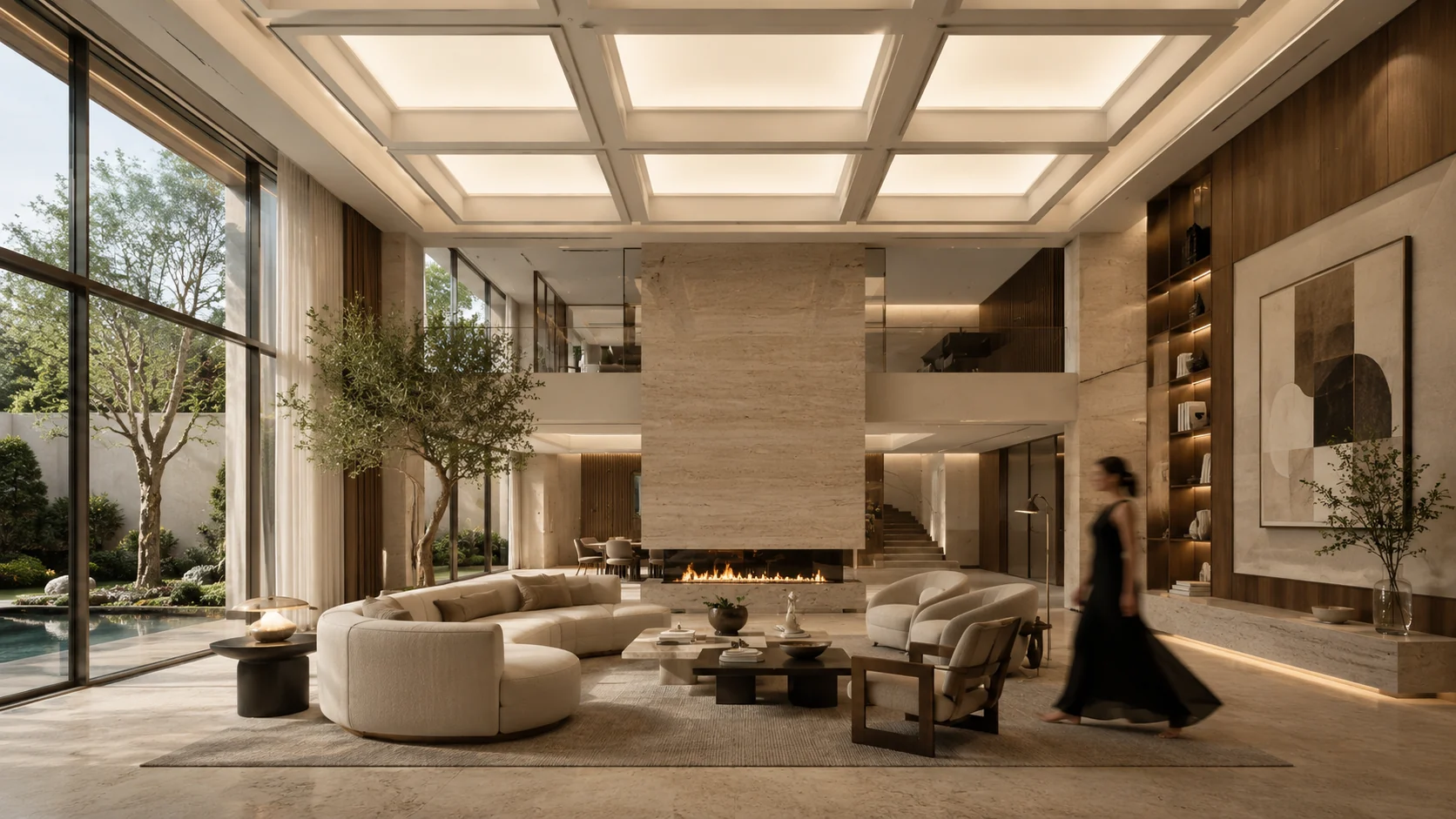 Living room with FORMAE illuminated ceiling — brighter, natural daylight, wellness ambience