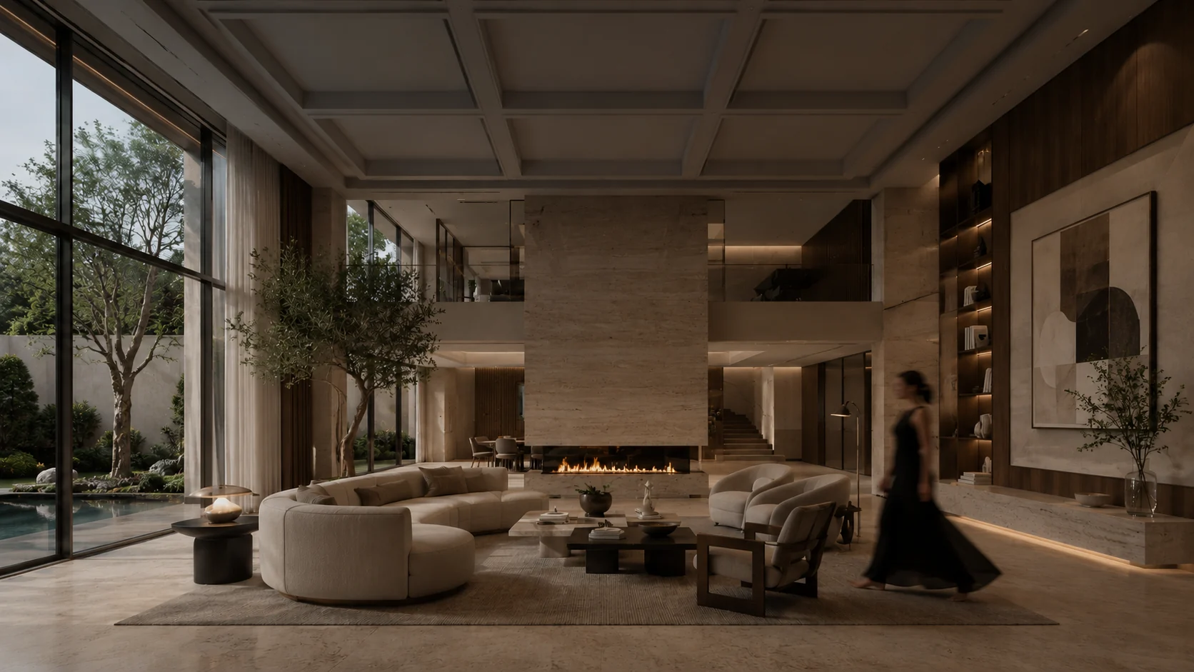 The same living room with conventional recessed ceiling lighting — dimmer and flatter